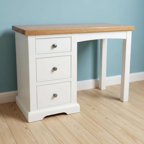 Image of GROFurniture Painted Snow White Dressing Table Oak Desk 3 Drawer Vanity Makeup Writing Desk for Bedroom Office - Sturdy Solid Built, just fix legs