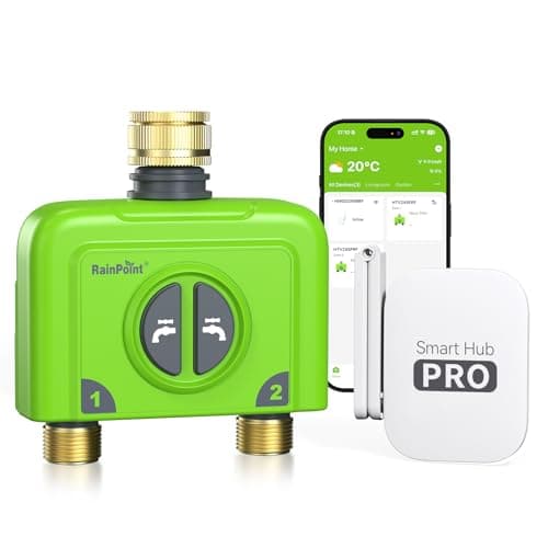 Image of RAINPOINT WiFi Water Timer 2 Outlets, Smart Irrigation Hose Timer with with Brass Inlet & Outlet, Antenna Hub, Weather Based Automatic Irrigation System for Garden, APP Remote/Voice Control