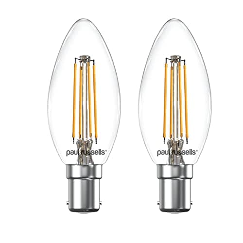 Image of paul russells LED Candle Filament Light – 4.5W 40W Equivalent Replacement, 470LM Lumens, 2700K Warm White, SBC B15 Small Bayonet Cap C35 Bulbs – Bright Energy Saving Non-Dimmable Lamps - 2 Pack