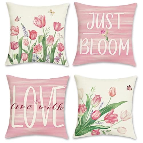 Image of Bonhause Spring Floral Cushion Covers 45 x 45 cm Flower Tulips Pink Polyester Linen Decorative Throw Pillow Covers for Sofa Couch Bed Home Garden Outdoor Decor Set of 4