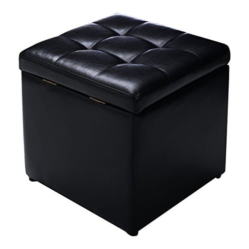 Image of COSTWAY Linen Fabric/Faux Leather Ottoman, Pouffe Storage Toy Box with Hinge Top | Padded Foot Stool, Cube Bench Seater for Living Room, Bedroom & Office, 150Kg Capacity (Faux Leather, Black)
