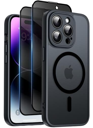 Image of Qasyfanc for iPhone 14 Pro Max Case with MagSafe, Privacy Screen Protectors X2, [Camera Protection] [15FT Military Drop Protection] Magnetic Translucent Matte Back Shockproof Phone Cover, 6.7", Black
