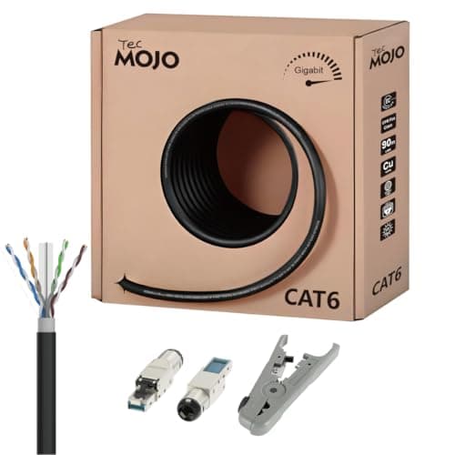 Image of Tecmojo CAT6 UTP Outdoor 30M, Gigabit LAN Ethernet Network Bulk Cable Pure Copper 23AWG PVC+PE Dual Jacket CPR Fca UV Resist Direct Bury Black, with Cutting Stripping Tool and RJ45 Field Connectors