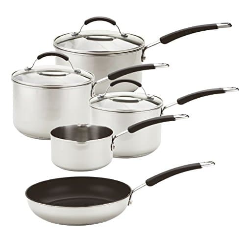 Image of Meyer Stainless Steel Induction Hob Pan Set with Non Stick Frying Pan - 5 Piece Stainless Steel Pan Set, Oven & Dishwasher Safe