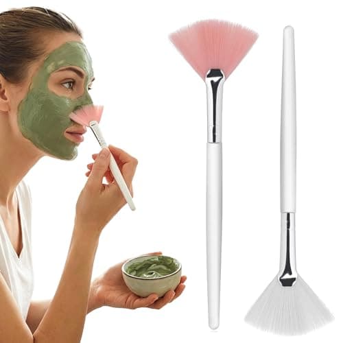 Image of LEOUEANR Pack of 2 Fan Brushes, Dual-Use Face Mask Brush & Highlighter Acid Applicator Brush Synthetic Fibre Cosmetic & Skincare Facial Brushes (White & Pink)