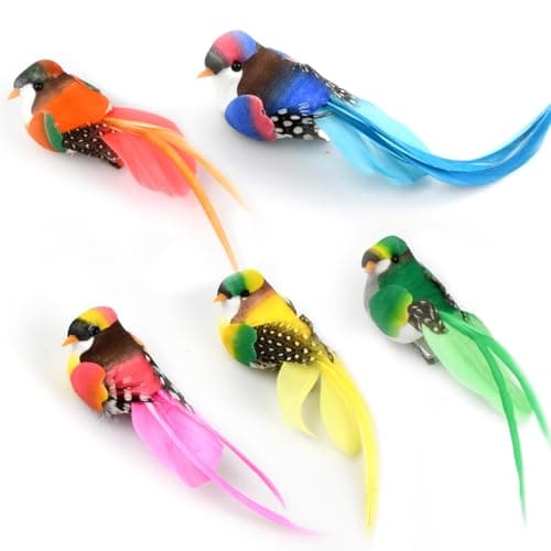 Image of Hontaog 5 Pieces Clip Artificial Birds Feathers, Handmade Robin Garden Decorations Colourful Bird Simulated Bird Ornaments DIY Crafts Garden Bird for Christmas Tree Ornament Home Party Decors
