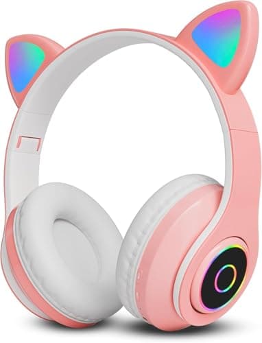 Image of GLOBAL TECH Wireless Bluetooth Kids Headphones – Foldable Cat Ear Headphones with LED Flashing Lights, Built-in Mic, Volume Controls – Over Ear Children Earphones for Tablet, PC, Laptop, Phone, iPad