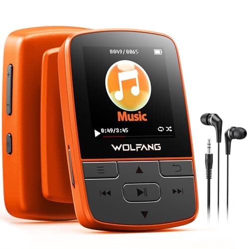 Image of WOLFANG MP3 Players with Bluetooth 5.2, Sports Clip, Mini Size, Weigh 1 oz, HiF FM Radio, Voice Recorder, Earphones Included, Orange