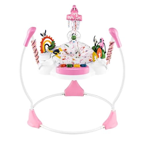 Image of COSTWAY Baby Activity Center, Baby Jumpers & Bouncers with 360° Rotary Seat, Music, Lights, 3 Adjustable Heights, Interactive Toys, for Ages 6 Months + (Pink)