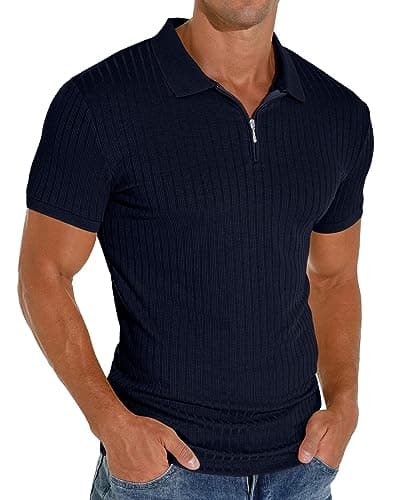 Image of PrinStory Mens Short Sleeves Polo Shirts With Zip Casual T Shirt Solid Color Holidays Polo Shirts Stripe Spring Summer Tops (Navy Blue, L)