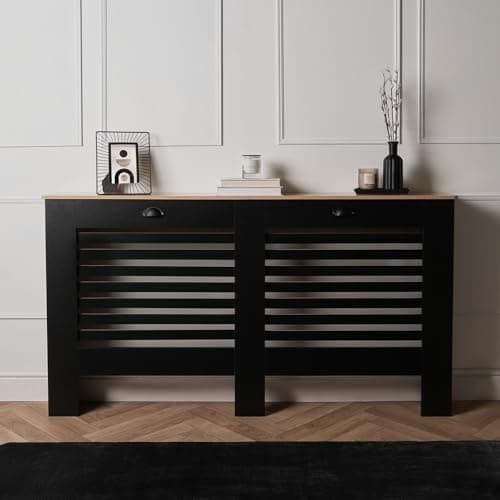 Image of OHS Large Black Radiator Cover with Oak Look Top, Stylish Modern Decorative Radiator Cover MDF for Office Living Room Bedroom & Hallways
