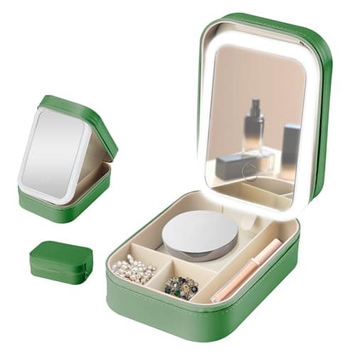 Image of Travel Makeup Bag with LED Mirror,Cosmetic Organizer with Compartments,Beauty Case Luggage Cosmetic Case Vanity Case Portable Makeup Vanity Box (Green)