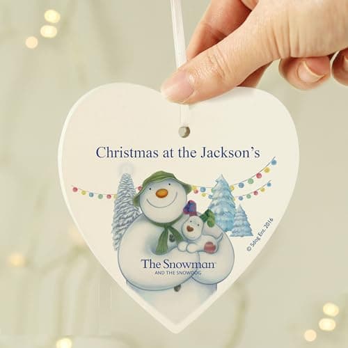 Image of The Snowman and the Snowdog Custom Wooden Heart Decoration - Perfect for Christmas