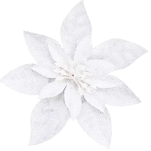 Image of Yueshop 10 Pcs Glitter Christmas Flowers with Artificial Poinsettia Flower Christmas Tree Flower Decorations Xmas Tree Ornaments (White, 15CM)