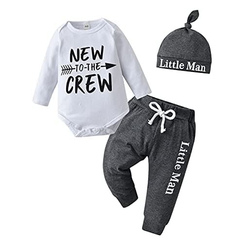 Image of Tinykeke Newborn Baby Boy Clothes Infant Long Sleeve Romper New to The Crew Tops + Hat +Pants 3pcs Outfits Sets (3-6 Months) White and Dark Grey