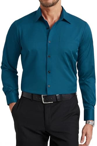Image of Enlision Mens Long Sleeve Teal Shirt 4-Way Stretch Button Down Dress Shirts Non Iron Formal Business Wedding Office Regular Fit with Pocket M