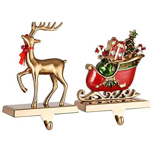 Image of Yuokwer Set of 2 Santa with a Reindeer Christmas Stocking Holder Metal Christmas Stocking Hangers for Mantle Stocking Hooks Fireplace Free Standing Indoors (Antique Gold Reindeer)