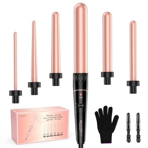 Image of BESTOPE PRO Hair Curler 6-in-1 Curling Wand Set, Curling Iron with 2 Temperature Control, Curling Tongs with Heat-Resistant Glove and 2 Hair Clips