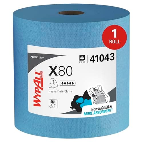 Image of WypAll X80 Power Clean Heavy Duty Cloths, Reusable, High Absorbency, Hydroknit Technology, 1-Ply Roll Format, 1 Large Blue Roll x 455 Wipers (455 Total), Model Nr. 8347