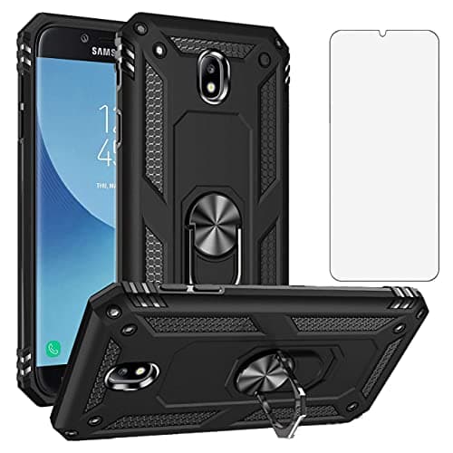 Image of Phone Case for Samsung Galaxy J7 2017/J730f with Tempered Glass Screen Protector Stand Ring Holder Shockproof Silicone Heavy Duty Accessories Magnetic Metal Rugged Rubber SamsungJ7 J 7 Pro Girls Black