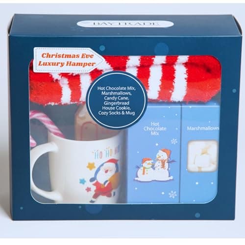 Image of Christmas Eve Box - Candy Canes, Christmas Mug, Gingerbread Cookie, Marshmallows and Socks Hamper, Hot Chocolate Mug Gift Set, Xmas Eve Box Fillers for Kids Adults