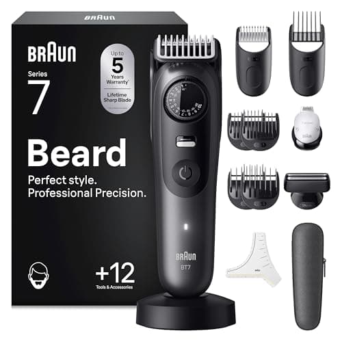 Image of Braun Beard Trimmer Series 7, +12 Barbering Tools, Lifetime Sharp ProBlade, Up to 120 Min Runtime, 40 Lengths, Waterproof, PrecisionWheel & Lock, BT7545, Grey