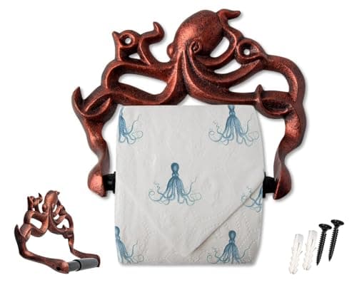 Image of Decorative Cast Iron Octopus Toilet Paper Roll Holder – Wall Mounted Octopus Décor for Bathroom – Kraken, Nautical Bathroom Accessory – Easy to Install w/included Screws and Anchors - Copper & Black