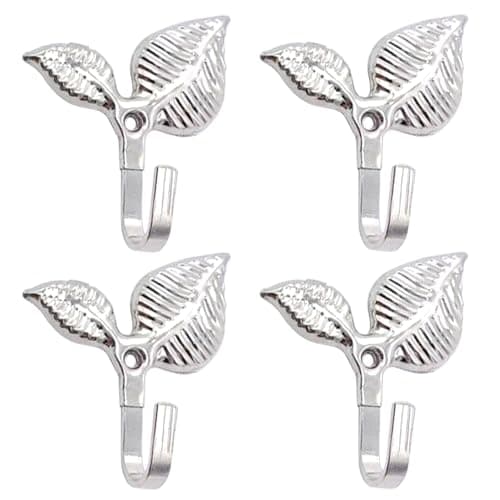 Image of AURIVISTA 4Pcs Silver Leaf Wall Hooks - Vintage Decorative Iron Hooks for Hanging Coats, Towels, Keys - Rustic Wall Mounted Hooks with Screws for Bathroom, Bedroom & Entryway Organization