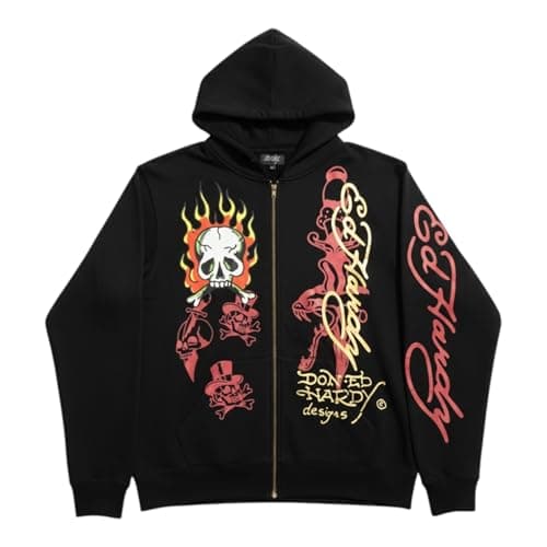 Image of ED HARDY Men's Flame Skull Zip Hoodie EHMR1301-12, Black, XXL