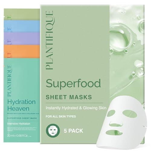 Image of PLANTIFIQUE Superfood Facial Sheet Mask Variety Box 5 Pack – Face Mask Set with Coconut, Aloe, Vitamin C, Centella & Collagen – Hydrating & Refreshing – For All Skin Types