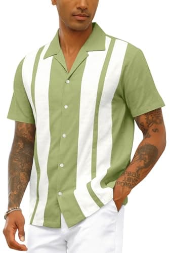 Image of Mens Vintage Bowling Shirt Cotton Linen Beach Shirts Short Sleeve Striped Button Down Summer Tops Hawaiian Shirts Green XL
