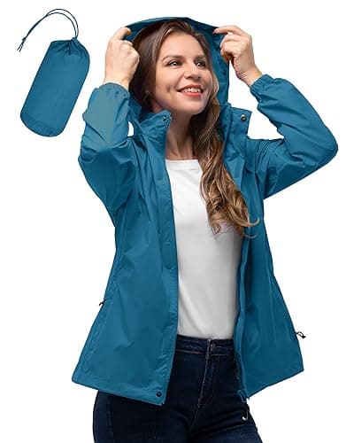 Image of 33,000ft Women's Lightweight Rain Jackets Hooded Breathable Packable Running Raincoats Active Trench Windbreaker with Hideaway Hood for Cycling Hiking (Morocco Blue-M/UK 12)