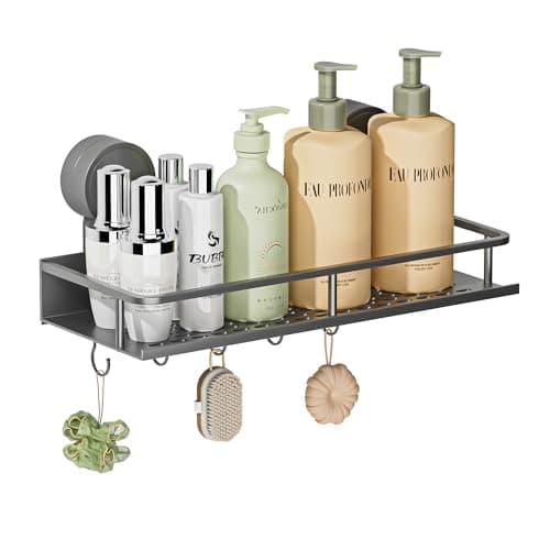 Image of Wisfame Rustproof Shower Caddy Suction Cup,No Drilling Max Hold 10KG Bathroom Shelf with 5 Hooks,Removable Waterproof Bathroom Basket Storage Organizer for Shower Accessories - Grey