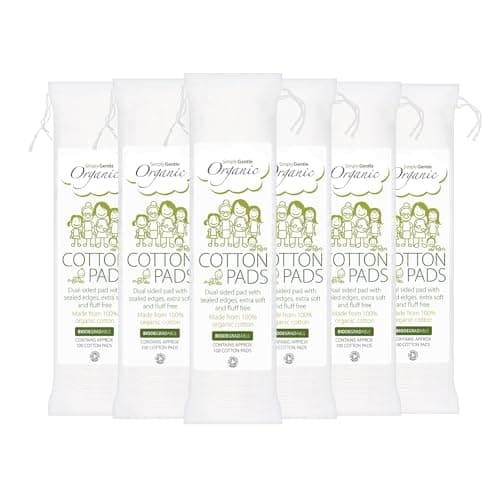 Image of Simply Gentle Organic Cotton Pads - Perfect for Sensitive Skin - Pure Cotton Pads for First Aid - Free from Odours or Irritants - Round Shape, Disposable - 6 Packs of 100 Pads