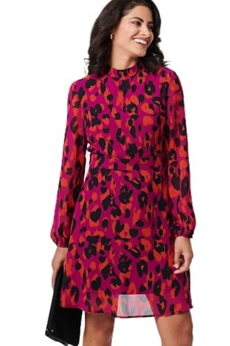 Image of Izabel London Animal Print Tie Waist Mini Skater Dress for Women UK with a high Neck and Long Sleeves. Purple