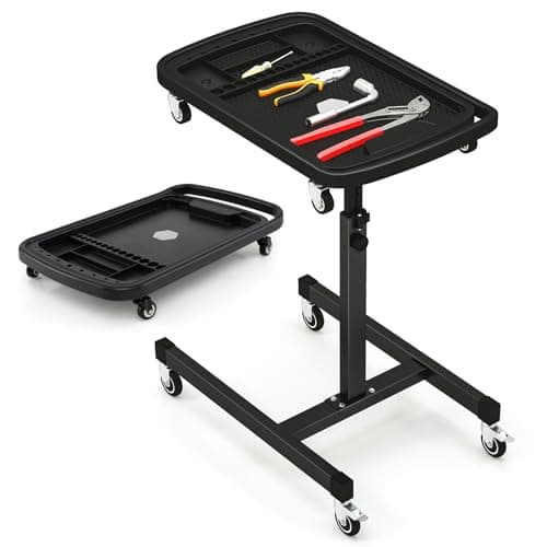 Image of HOMFME 2 in 1 Working Table, Height Adjustable Rolling Tool Tray with Detachable Part Tray, 2 Brake Wheels, Portable Work Bench Metal Rolling Cart for Garage Warehouse Workshop, 60 kg Load Capacity