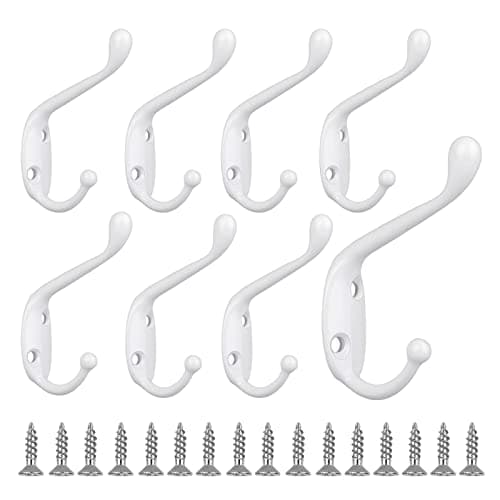 Image of Sheryl&Rain White Coat Hooks, 8 PCS Metal Clothes Hooks Vintage Wall Hooks Heavy Duty Door Hook Wall Mounted Coat Rack Retro Hat Hook with Screws for Hanging Coat Hat Scarf Robe & Bag