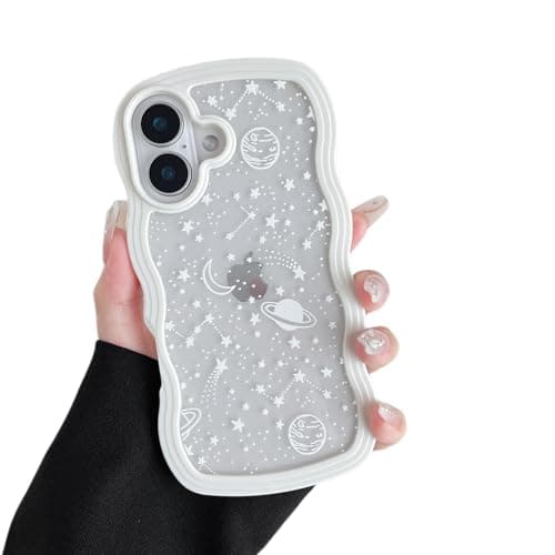 Image of ZTOFERA Case for iPhone 16, 6.1 inch, Cute, Curly, Wavy, Frame Shape, with Star Space Pattern, Transparent, Slim, Shockproof, Hard Polycarbonate Bumper Case, for