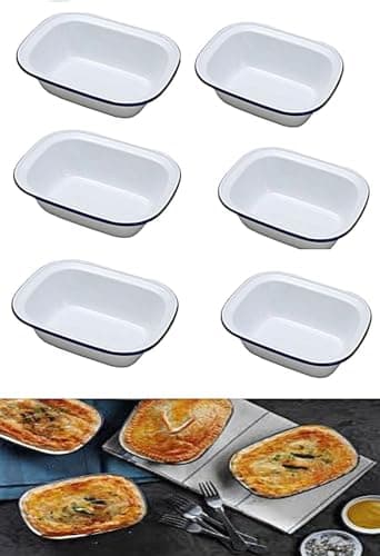 Image of Vintage Gourmet ® Premium White Enamelware with Blue Rim, Oblong Pie Dish Oven Safe Retro Bakeware Set of 6 Oblong Pie Dish 16cm -150ml Perfect Size for Individual Pies Ideal for Freezer
