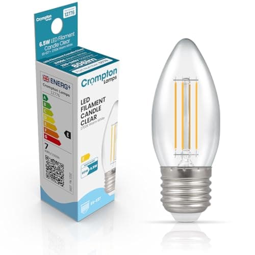 Image of Crompton Lamps Filament Candle LED Light Bulb ES-E27 | 6.5W = 60W Equivalent | Warm White 2700K | Energy Efficient | Edison Screw Lightbulb | Long Life 10000-Hrs | Clear Glass