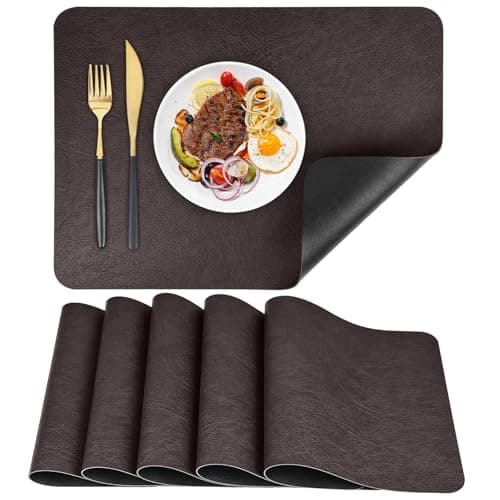 Image of APLKER Placemats Set of 6, Waterproof Washable Table Mats Set of 6, PU Faux Leather Place Mats Heat Resistant Dual Sided Placemat for Dining Table Indoor Outdoor - 16.9 * 11.8 Inch (Brown/Black)