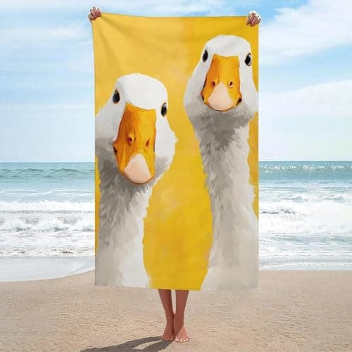 Image of Two Ducks with Long Necks on Yellow Beach Towel Sand Free Microfiber Large Shower Towels Multipurpose Absorbent for Bathroom Pool 130x80 CM