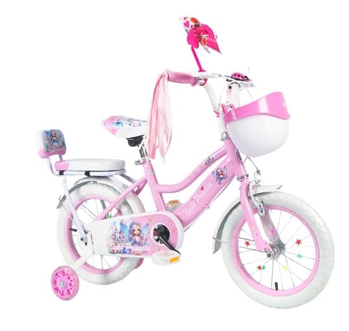 Image of Night Princess Girls' Bicycle, 12" - 16" Pink and White, with Training Wheels, Stabillisers, Front Basket, Streamers and Bell included (16, Inches)