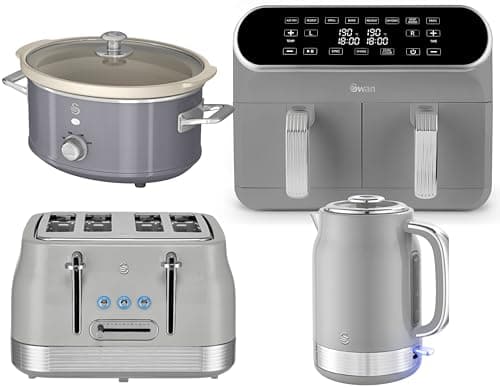 Image of Swan Retro Revive Grey 1.7L Jug Kettle, 4 Slice Toaster, Retro 8L Dual Basket Air Fryer and 3.5L Slow Cooker. Matching Retro Design Kitchen Set in Grey with Chrome Accents