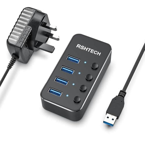 Image of RSHTECH Powered USB Hub Aluminum 4-port USB 3.0 Hub with 5V/2A Power Supply and Individual On/Off Switch (Black)