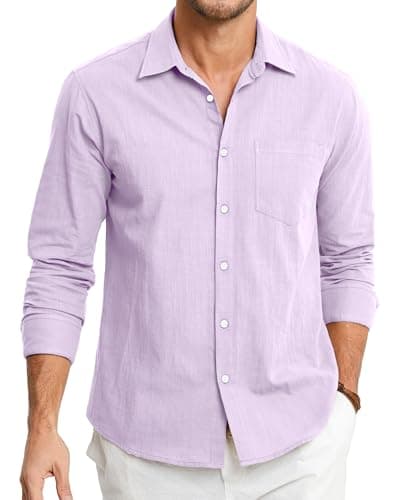 Image of HISDERN Men's Linen Shirts Long Sleeve Lightweight Button Up Cotton Shirts Casual Regular Fit Solid Summer Shirts with Pocket Lavender L
