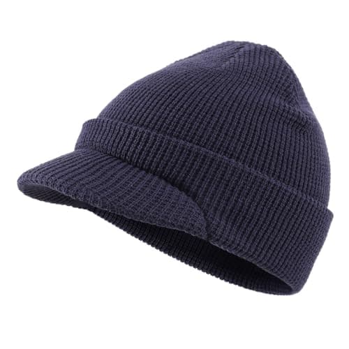 Image of Magracy Unisex Wool Blend Visor Beanie Hat Double-Layer Warm Winter Hat for Men Women Peaked Beanie Outdoor Navy Blue
