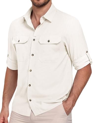 Image of Xnova Men's Long Sleeve Hiking Shirts Relaxed Fit Sun UV Protection Safari Shirt Button-Down Breathable Quick Dry Multifunctional Outdoor Shirts with Pockets (White, XXL)