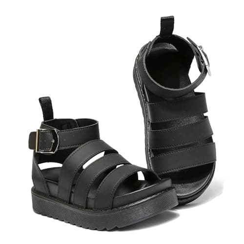 Image of INNERSECT CO Kids' Open Toe Strappy Platform Sandals – Comfortable Flatform Sandals with Adjustable Ankle Strap for Girls (BLACK, Little Kid, Women, 11, Numeric, UK Footwear Size System, Medium)