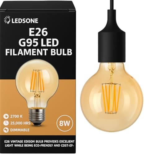 Image of LEDSone, Vintage Light Bulb E27 Screw LED Edison Bulb 8W (60W Equilavent) G95 Edison Light Bulbs,Warm White 2700K ES LED Filament Globe Bulb Antique Style Retro Amber Glass Lamp,450LM